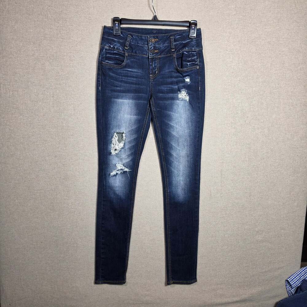 Refuge Womens Skinny 2 button Jeans Distressed Blue Denim Size 2